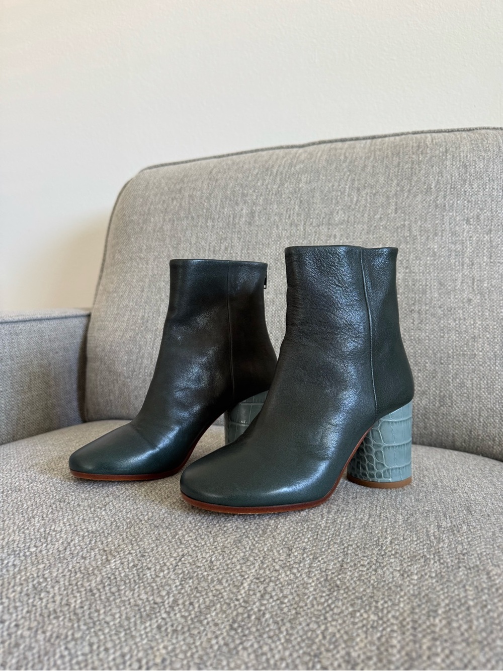 Maison Martin Margiela Dark Green Leather Ankle Boots with Croc-Textured Heel